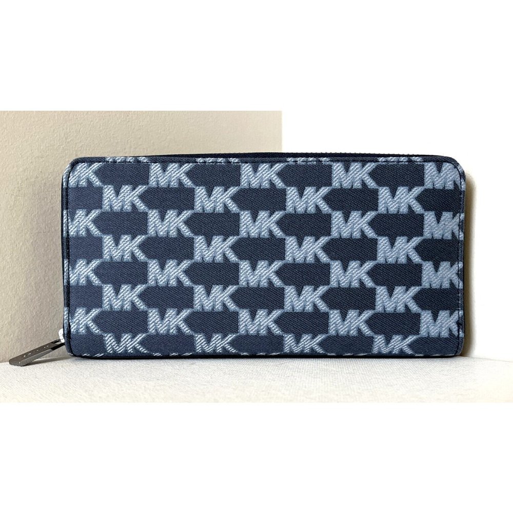 New Michael Kors Jet Set Cooper Tech Zip-Around Logo Wallet Navy Multi